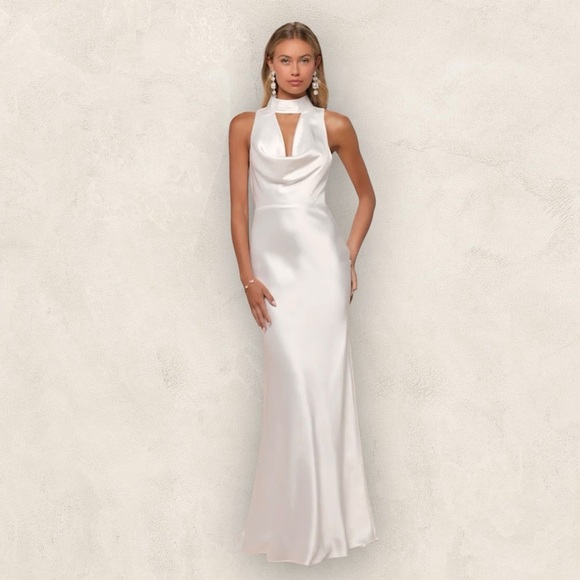 Lulus Dresses & Skirts - NEW Lulus Gorgeous Vow White Satin Mock Neck Cowl Mermaid Maxi Dress Med. #1552